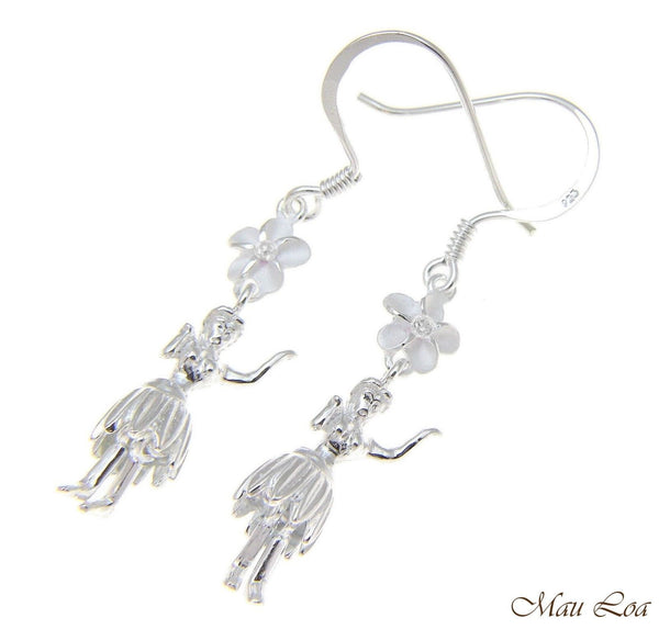 925 Sterling Silver Hawaiian Hula Girl Dancer Plumeria Flower Hook Wire Earrings