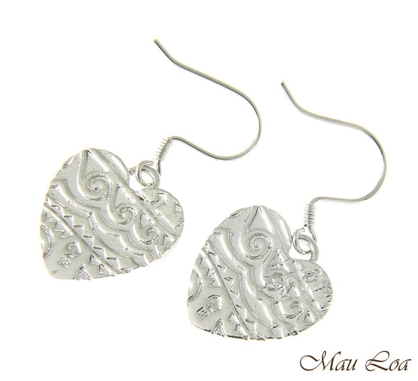 Koa Wood Hawaiian Heart Rhodium Silver Plated Brass Hook Wire Earrings