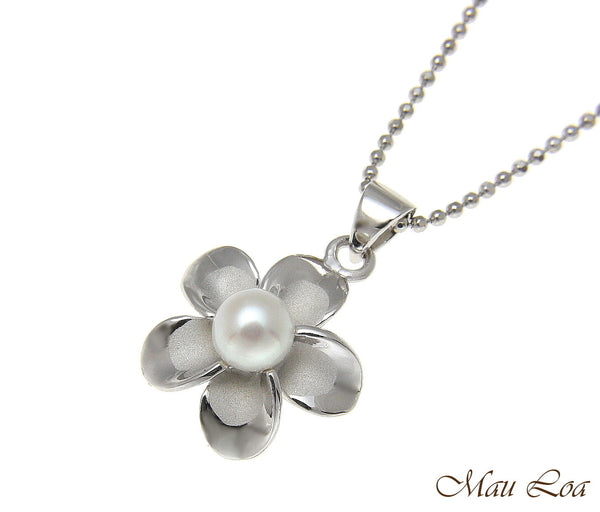 925 Silver Hawaiian Plumeria Flower Fresh Water Pearl Rhodium Pendant 12-32mm