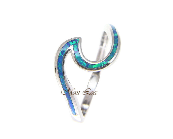 925 Sterling Silver Hawaiian Ocean Wave Shape Blue Opal Ring Size 5-10