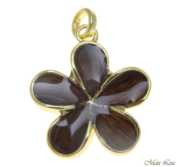 Koa Wood Hawaiian 28mm Plumeria Flower Yellow Gold Plated Brass Pendant