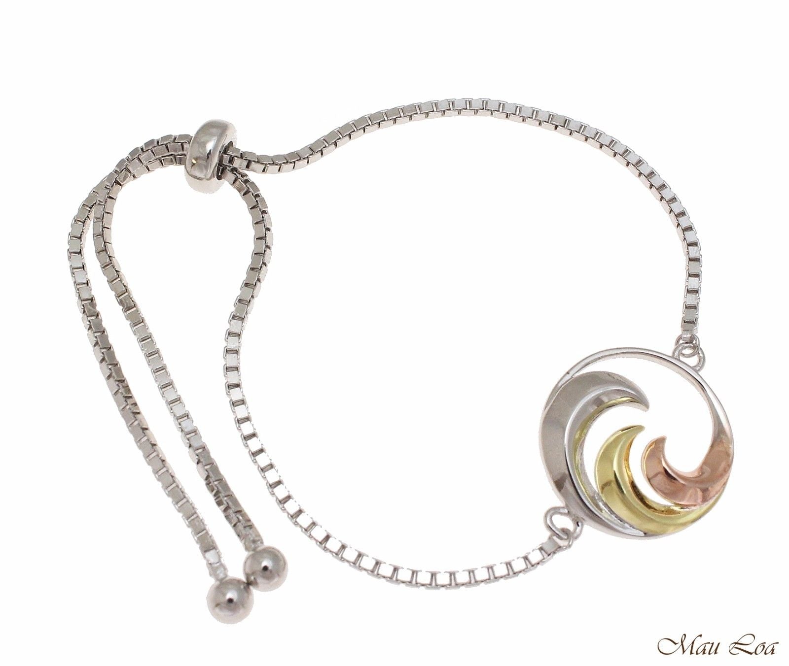 Silver 925 Tricolor Hawaiian Ocean Wave Sliding Bead Chain Adjustable Bracelet