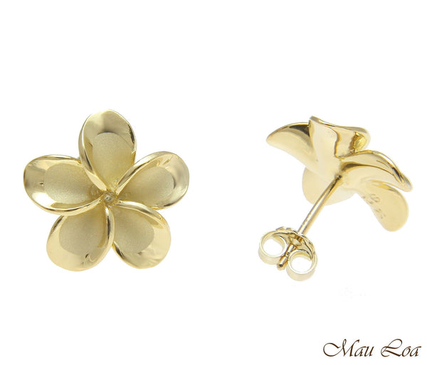 925 Silver Yellow Gold Hawaiian Plumeria Flower No CZ Stone Post Stud Earrings