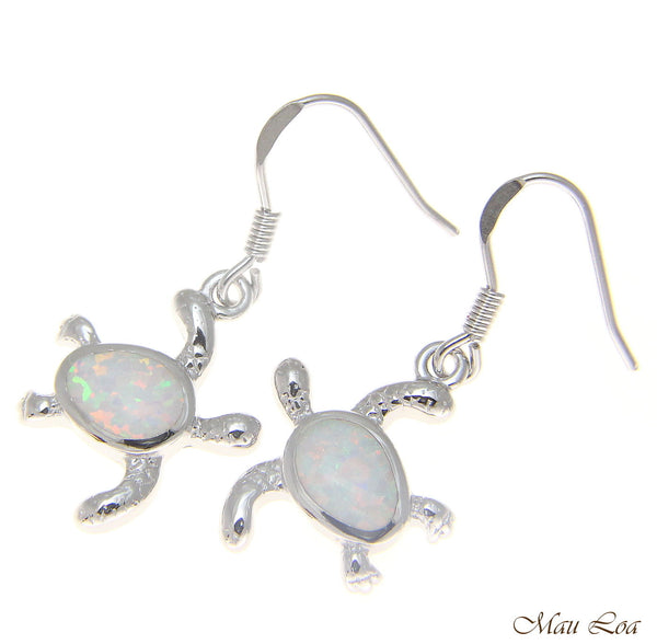 925 Sterling Silver Rhodium Hawaiian Honu Turtle White Opal Hook Wire Earrings