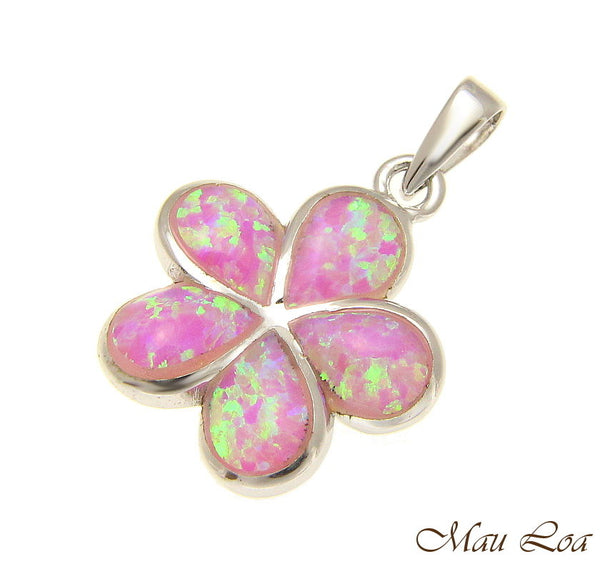 925 Sterling Silver Rhodium Pink Opal Hawaiian Plumeria Flower Pendant 12-30mm