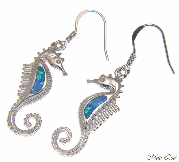 925 Sterling Silver Rhodium Hawaiian Seahorse Blue Opal Hook Wire Earrings