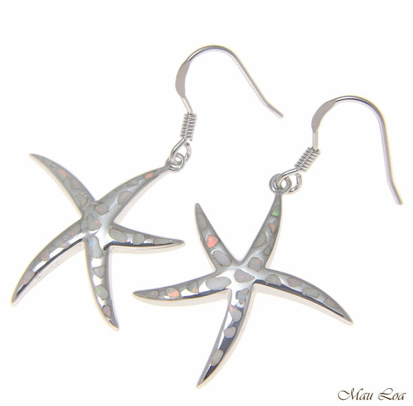 925 Silver Rhodium Hawaiian Starfish Sea Star White Opal Hook Wire Earrings