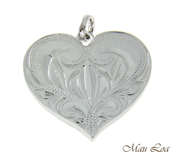 Koa Wood Hawaiian Scroll Heart Rhodium Silver Plated Brass Reversible Pendant