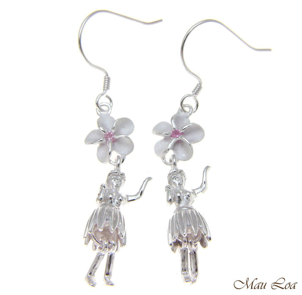 925 Silver Hawaiian Hula Girl Dancer Pink CZ Plumeria Flower Hook Wire Earrings