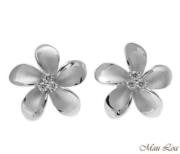 925 Sterling Silver Rhodium Hawaiian Plumeria Flower 3 CZ Stud Post Earrings