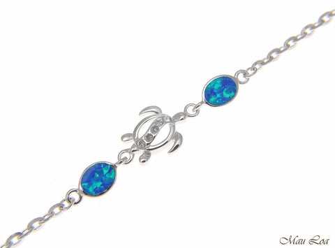 925 Silver Rhodium Hawaiian Honu Sea Turtle CZ Blue Opal Link Chain Anklet 9"+