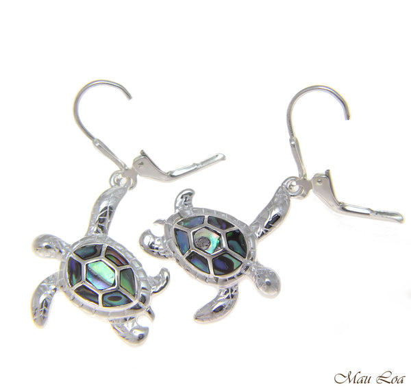 925 Sterling Silver Hawaiian Honu Turtle Abalone Shell Paua Leverback Earrings