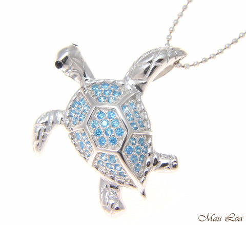 925 Silver Genuine Blue Topaz Hawaiian Sea Turtle Honu Slider Pendant