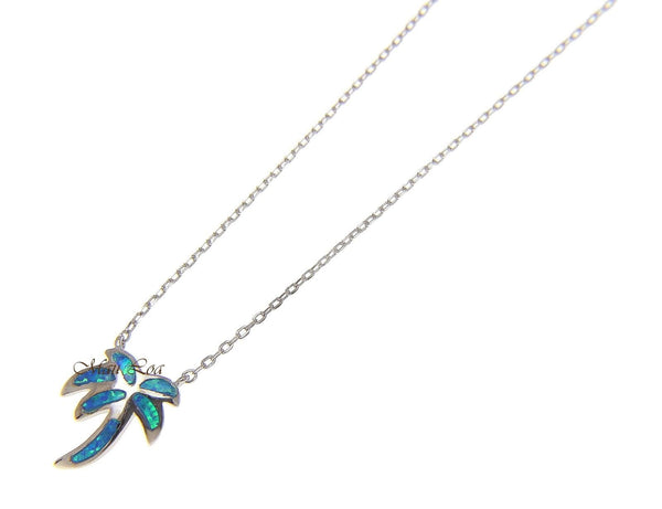 925 Sterling Silver Hawaiian Palm Tree Blue Opal Necklace Chain Included 18"+2"