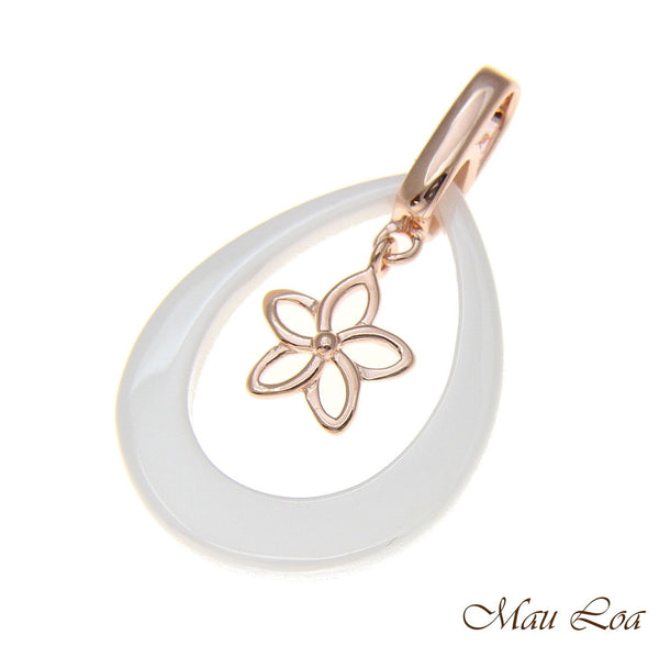 925 Silver Pink Gold Hawaiian Plumeria Flower White Ceramic Tear Drop Pendant