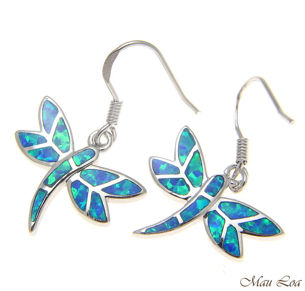 925 Sterling Silver Rhodium Hawaiian Dragonfly Blue Opal Hook Wire Earrings