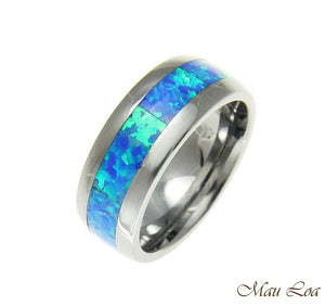 Tungsten 8mm Wedding Band Ring Unisex Blue Opal Inlay Comfort Fit Size 6-14