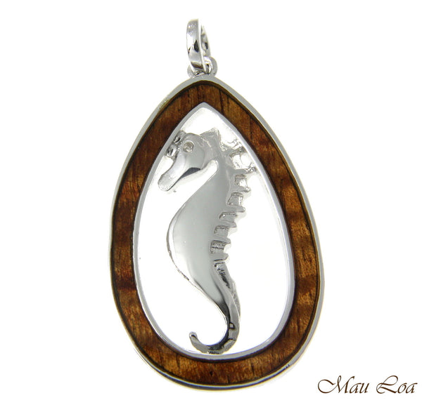 Koa Wood Hawaiian Teardrop Plain Seahorse Rhodium Silver Plated Brass Pendant