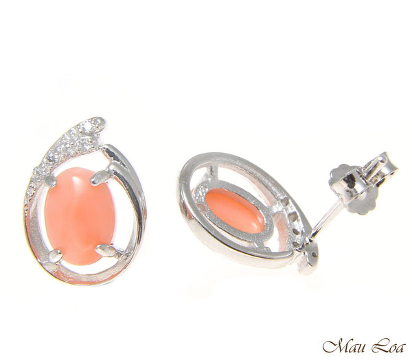 925 Sterling Silver Rhodium CZ Genuine Natural 5x7mm Oval Pink Coral Earrings