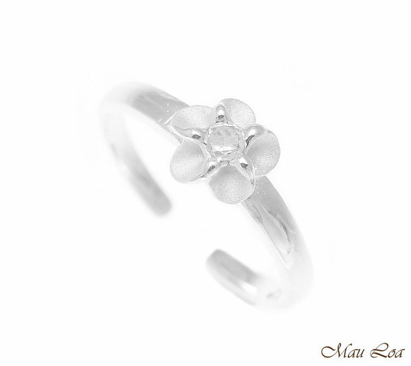 925 Sterling Silver Hawaiian Single Plumeria Flower White CZ Open Toe Ring