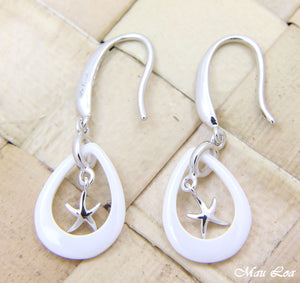 925 Silver Rhodium Hawaiian Starfish Sea Star White Ceramic Tear Drop Earrings