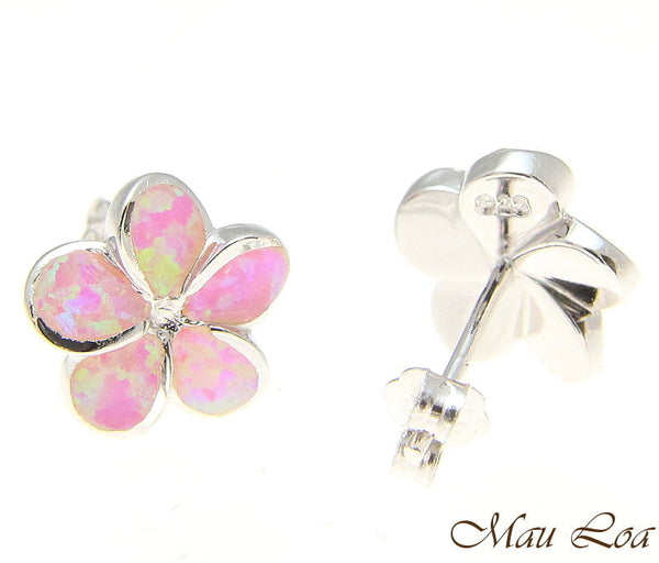 925 Silver Rhodium Hawaiian Plumeria Flower Pink Opal Post Stud Earrings 8-15mm