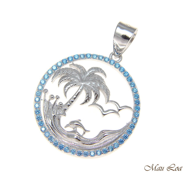 925 Silver Genuine Blue Topaz Hawaiian Palm Tree Dolphin Wave Pendant