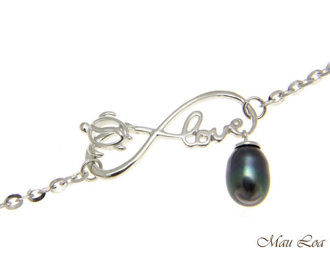 925 Silver Rhodium Hawaiian Honu Turtle Fresh Water Pearl Infinity Love Anklet