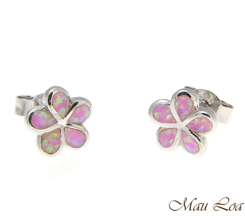 925 Silver Rhodium Hawaiian Plumeria Flower Pink Opal Post Stud Earrings 8-15mm