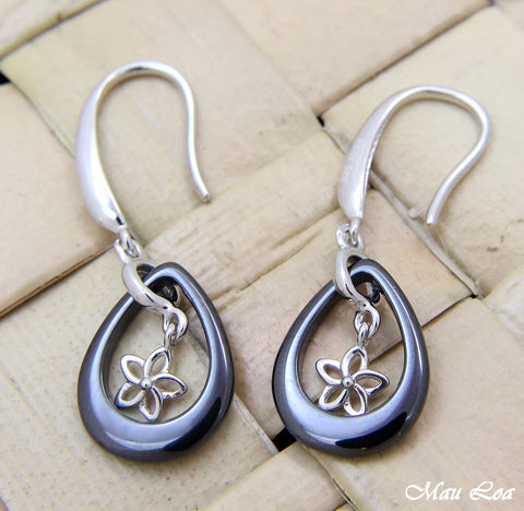 925 Silver Rhodium Hawaiian Plumeria Flower Black Ceramic Tear Drop Earrings