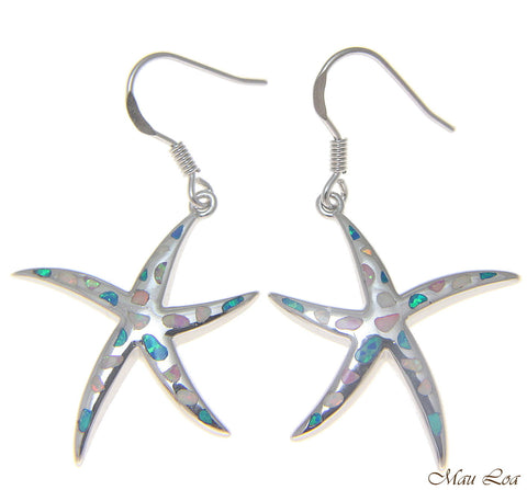 925 Silver Rhodium Hawaiian Starfish Sea Star Multi Opal Hook Wire Earrings