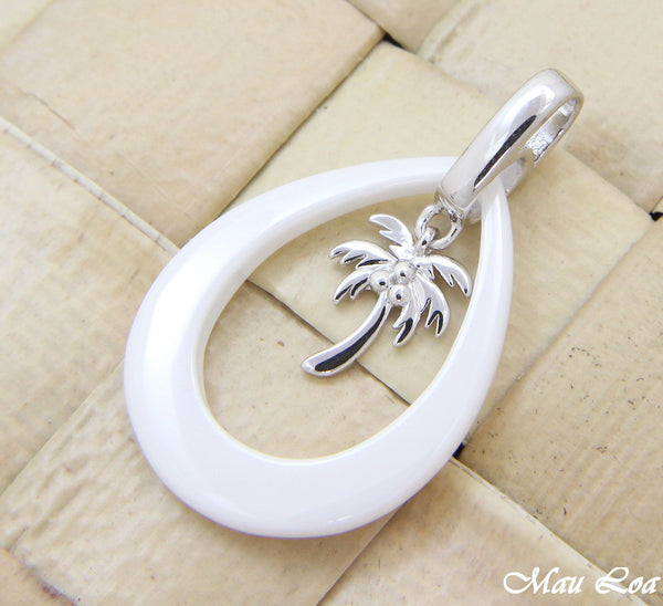 925 Silver Rhodium Hawaiian Coconut Palm Tree White Ceramic Tear Drop Pendant