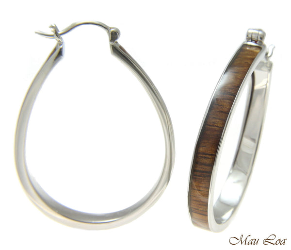Koa Wood Hawaiian Rhodium Plated Brass 31x41mm Oval Hoop Snap Closure Earring