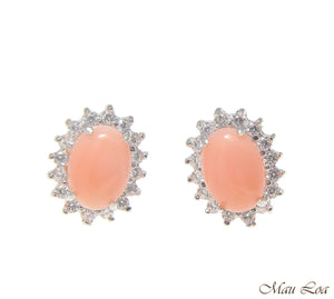 925 Sterling Silver Rhodium CZ Genuine Natural 5x7mm Oval Pink Coral Earrings