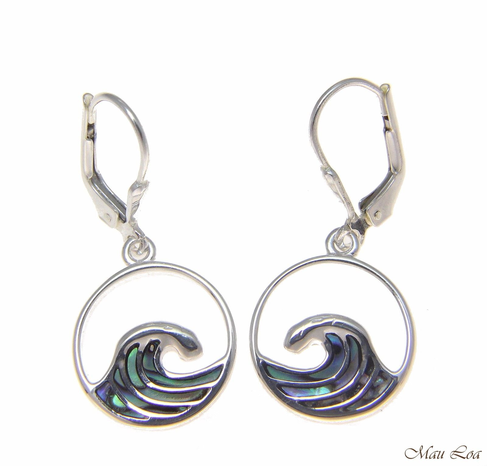 925 Sterling Silver Hawaiian Ocean Wave Abalone Shell Paua Leverback Earrings