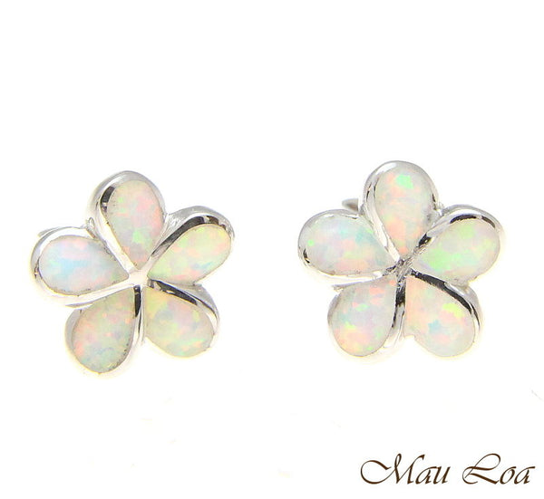 925 Silver Rhodium Hawaiian Plumeria Flower White Opal Post Stud Earrings 8-15mm