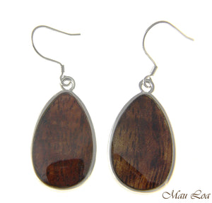 Koa Wood Hawaiian Tribal Teardrop Rhodium Silver Plated Brass Hook Wire Earrings