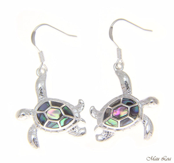 925 Sterling Silver Hawaiian Honu Sea Turtle Abalone Shell Paua Hook Earrings