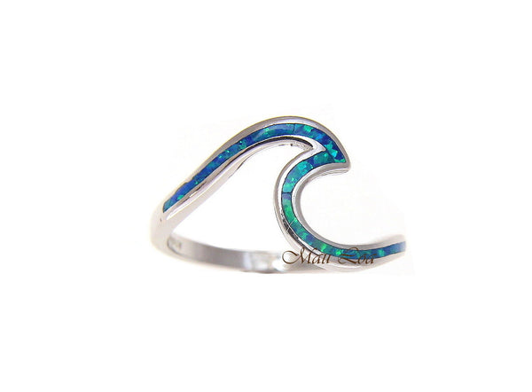 925 Sterling Silver Hawaiian Ocean Wave Shape Blue Opal Ring Size 5-10