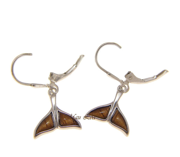 925 Sterling Silver Hawaiian Koa Wood Whale Tail Lever Back Dangle Earrings