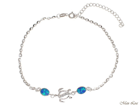 925 Silver Rhodium Hawaiian Sea Honu Turtle CZ Blue Opal Link Chain Bracelet 7"+