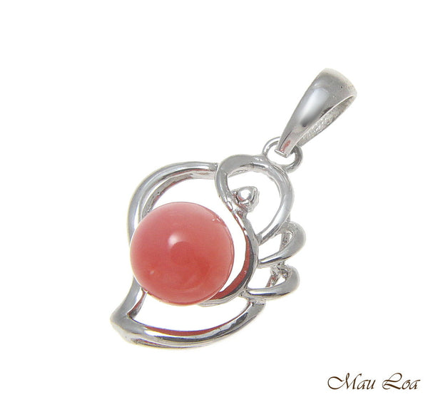 925 Sterling Silver Rhodium Genuine Natural 6mm Round Pink Coral Pendant