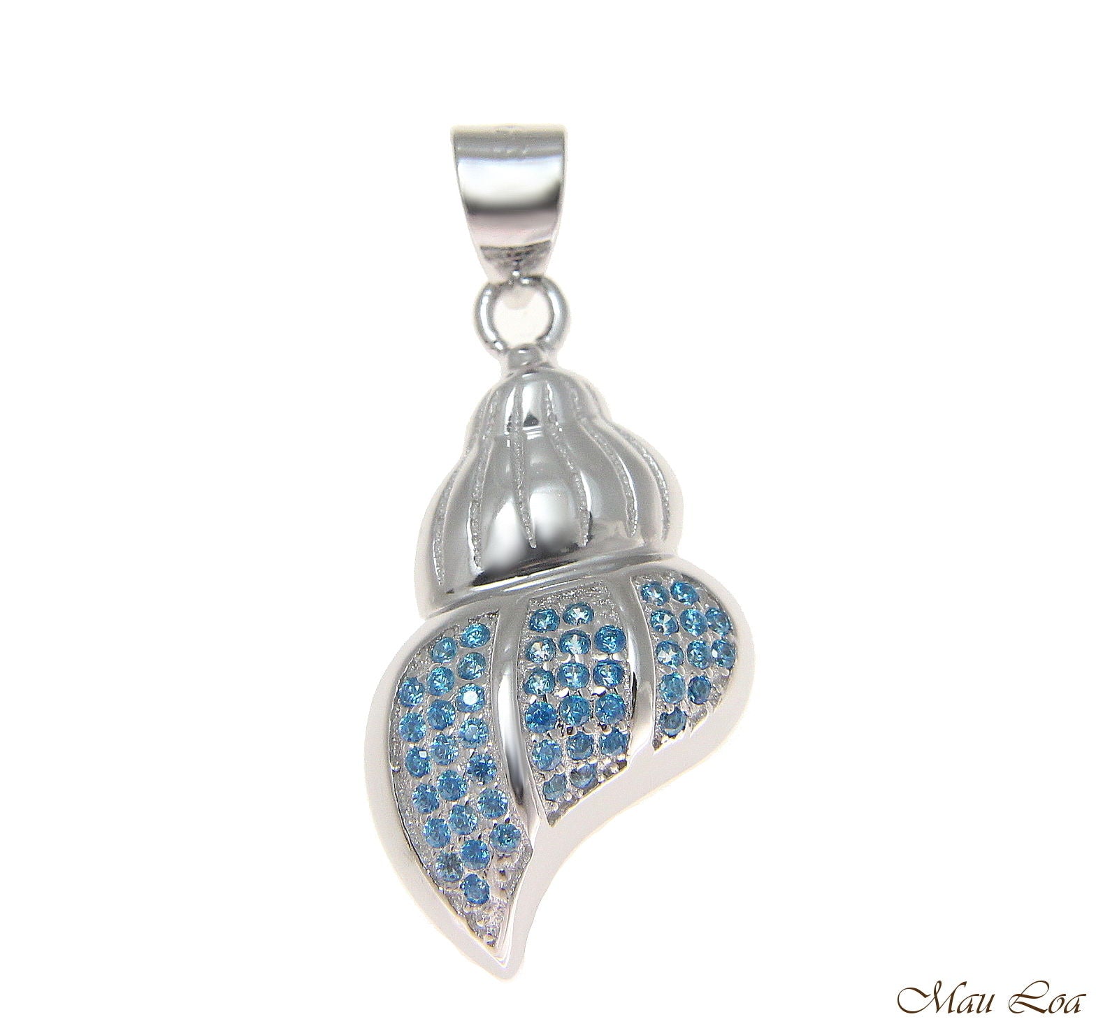 925 Sterling Silver Genuine Blue Topaz Hawaiian Conch Shell Pendant