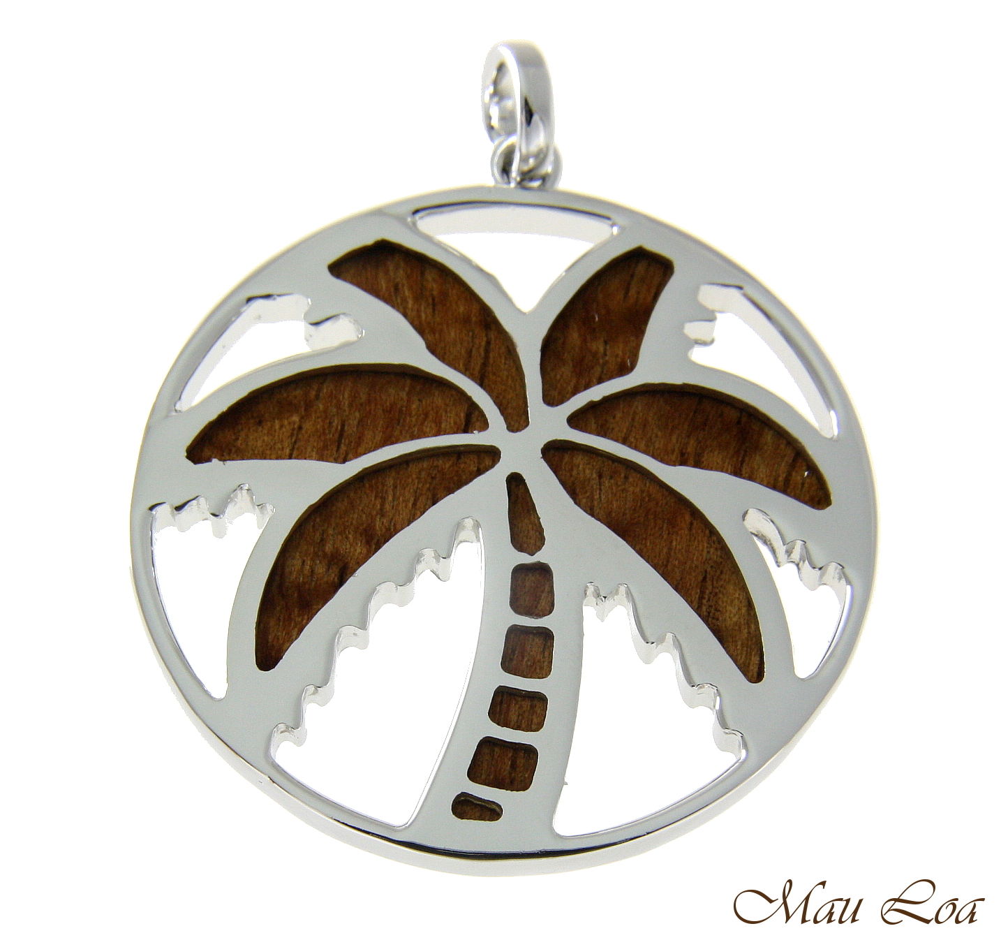 Koa Wood Hawaiian Circle Palm Tree Rhodium Silver Plated Brass 2 Sided Pendant