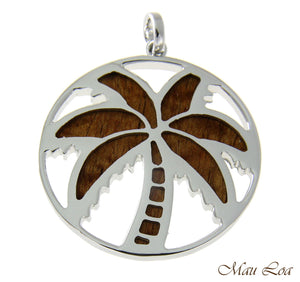 Koa Wood Hawaiian Circle Palm Tree Rhodium Silver Plated Brass 2 Sided Pendant