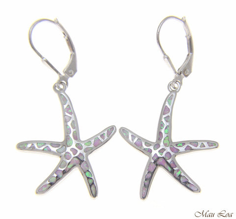 925 Silver Rhodium Hawaiian Starfish Sea Star Pink Opal Leverback Earrings