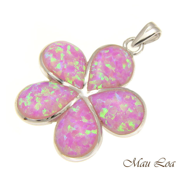 925 Sterling Silver Rhodium Pink Opal Hawaiian Plumeria Flower Pendant 12-30mm