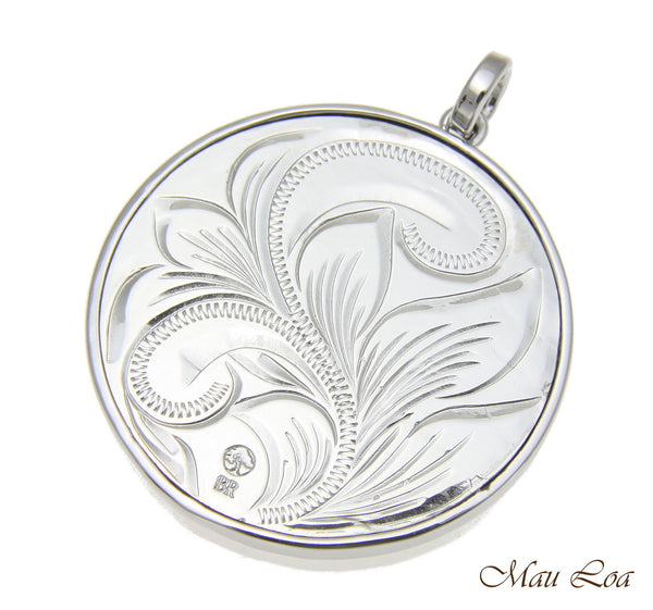 Koa Wood Hawaiian Scroll Circle Honu Turtle Rhodium Silver Plated Brass Pendant