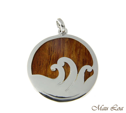 Koa Wood Hawaiian Scroll Ocean Surf Wave Circle Rhodium Brass Reversible Pendant
