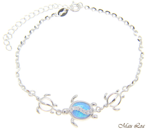 925 Silver Rhodium Hawaiian Sea Honu Turtle CZ Blue Opal Link Chain Bracelet 7"+